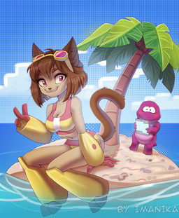anthro biped blush breasts clothed clothed_anthro clothed_female clothing day duo feet female fingers front_view fur hair looking_at_viewer male navel nude nude_anthro nude_male outside sitting sky smile standing tail toes imanika gameoverse glitch_productions gobbles_(gameoverse) kit_bodega dinosaur domestic_cat felid feline felis mammal prehistoric_species reptile scalie 2026 digital_drawing_(artwork) digital_media_(artwork)