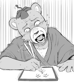 4_fingers anthro asian_clothing bodily_fluids clothing drawing_(action) east_asian_clothing fangs fingers henohenomoheji holding_object holding_pen humor japanese_clothing kimono male nervous open_mouth pen snot solo teeth tongue yamatokuroko965 bear mammal 2025 greyscale hi_res japanese_description meme monochrome
