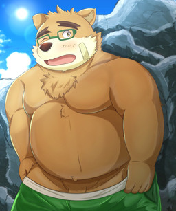 anthro band-aid bandage belly big_belly blush bottomwear brown_body clothing cloud detailed_background eyewear genitals glasses humanoid_hands kemono male moobs one_eye_closed outside overweight overweight_male penis shorts solo sun undressing guratan_wa lifewonders tokyo_afterschool_summoners volos_(tas) bear mammal 2022 5:6 hi_res