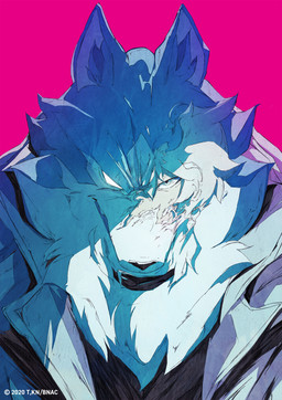 anthro blue_body blue_eyes blue_fur blue_hair clothed clothing collar fluffy fur hair inner_ear_fluff jacket looking_at_viewer male simple_background solo topwear transformation tuft belgeist brand_new_animal studio_trigger shirou_ogami canid canine canis mammal wolf 2020 absurd_res digital_media_(artwork) hi_res signature