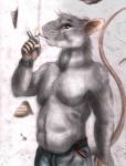 anthro black_eyes cigarette clock clothed clothing fur grey_body grey_fur lighter male pink_nose slightly_chubby slightly_chubby_male topless watch whiskers zippo_lighter conditional_dnp whimsicalsquirrel chuck_(whimsicalsquirrel) mammal murid murine rat rodent