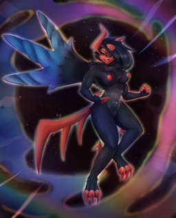 absolite anthro big_claws breasts claws female genitals green_eyes looking_at_viewer mega_stone navel navel_piercing nipples nude piercing pokemorph solo translucent translucent_belly vulva ringstudios nintendo pokemon pokemon_legends_z-a rose_duskclaw generation_9_pokemon mega_absol_z mega_evolution pokemon_(species) shiny_pokemon absurd_res hi_res