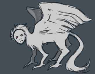 ambiguous_feral ambiguous_gender blue_background chest_tuft empty_eyes feathered_wings feathers feral fur humanoid_face looking_at_viewer mouth_closed neck_tuft red_eyes side_view simple_background solo tail tuft white_body white_fur wings lionfloof species_request hi_res sketch