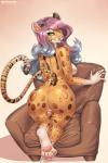 anthro big_butt biped breasts butt chair female furniture genitals hair kneeling looking_at_viewer looking_back makeup mascara nipples nude pussy solo wide_hips hotbento felid feline leopardus mammal margay 2:3