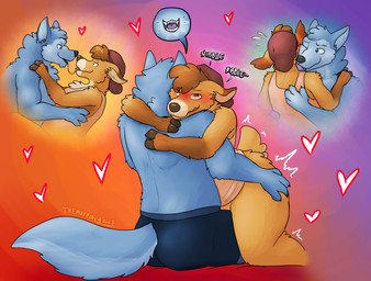 anthro bite bodily_fluids bottomless bottomless_anthro clothed clothing fluffy heart_symbol hug kissing licking male male/male saliva saliva_string shoulder_bite tongue topless topless_male touching_butt twitching_tail themuffinly josiah_(themuffinly) samuel_(themuffinly) canid canine canis deer mammal wolf