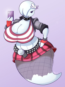 big_breasts big_butt breasts butt cleavage clothed clothing female huge_breasts huge_butt not_furry purple_background simple_background solo thick_thighs wide_hips jaeh cartoon_network the_amazing_world_of_gumball carrie_krueger ghost humanoid spirit