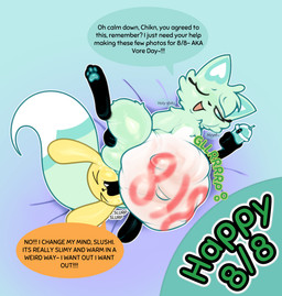 abdominal_bulge ambiguous_fluids anal anal_vore anthro bed belly big_belly black_body black_fur blue_background blue_body blue_eyes blue_fur blue_pawpads bodily_fluids breasts bubble_butt butt dialogue dominant dominant_female duo electronics female female_pred fur furniture holding_leg_up huge_belly lying lying_on_bed male male/female male_prey moan multicolored_body multicolored_fur navel on_bed onomatopoeia pawpads phone relaxed_expression safe_vore simple_background small_breasts sound_effects speech_bubble spread_legs spreading sweat text thick_thighs two_tone_body two_tone_fur unwilling_prey vore willing_to_unwilling_prey yelling yellow_body yellow_fur kaizoart chikn_nuggit vore_day vore_day_2025 chikn_nuggit_(chikn_nuggit) slushi_(chikn_nuggit) canid canine canis domestic_dog fox mammal 2025 digital_media_(artwork) english_text hi_res