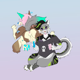 anthro anus arm_tattoo back_tattoo blue_penis bodily_fluids bra brown_body clothed clothing daemon_dog duo electronics feet female fur genital_fluids genitals grey_body hair hindpaw holding_penis leaking_precum male male/female multicolored_body multicolored_fur partially_clothed paws penis phone pink_hair precum sitting tattoo underwear keandypupper911 daengo_(keandypupper911) frida_(keandypupper911) canid canine canis dingo felid mammal pantherine tiger hi_res