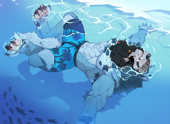 abs anthro armpit_hair beard biceps black_nipples body_hair braided_beard braided_mane chest_hair claws clothing countershade_torso countershading facial_hair fangs fur grey_body grey_fur male male_anthro muscular muscular_anthro muscular_male nipples paws pecs smile solo swimming_trunks swimwear tail teeth toe_claws tuft water patto blizzard_entertainment mythology warcraft mjodvitnir ambient_fish ambient_sealife canid canine mammal mythological_canine mythological_creature werecanid werecanine werecreature werewolf worgen hi_res