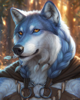 anthro black_nose blue_body blue_fur blurred_background braided_hair clothed clothing front_view fur glistening glistening_eyes hair looking_at_viewer male male_anthro mouth_closed orange_eyes realistic solo whiskers white_body white_fur lostgoose wolfdale_(wolfdale1997) canid canine mammal 2024 4:5 bust_portrait dated detailed digital_drawing_(artwork) digital_media_(artwork) hi_res portrait signature