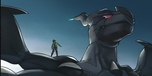 anthro close-up disagreement extreme_size_difference grey_eyes looking_at_another macro male person_on_shoulder red_sclera size_difference sky wings steen nintendo pokemon generation_5_pokemon human legendary_pokemon mammal pokemon_(species) zekrom hi_res