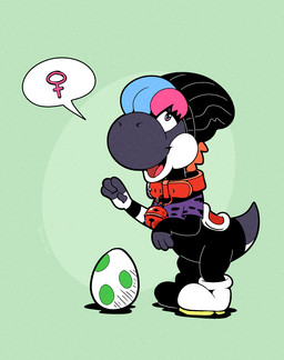 beanie bell bell_collar black_body clothing collar egg female footwear gender_symbol hat headgear headwear midriff_shirt red_collar shirt shoes solo speech_bubble spikes spikes_(anatomy) symbol topwear white_clothing white_footwear white_shoes trevor-fox mario_bros nintendo trevor-fox_(character) dinosaur grey_yoshi prehistoric_species reptile scalie yoshi hi_res