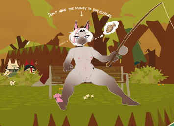 ambiguous_gender anthro bench blue_eyes blush breasts casual_nudity choker facial_piercing female female_focus fishing fishing_rod forest freckles genitals hair hiding_in_bushes jewelry necklace nipples nose_piercing nose_ring on_bench piercing plant ring_piercing sitting sitting_on_bench solo_focus tree voyeur vulva white_hair berrypunchz webfishing nea_(berrypunchz) cod_(minecraft) domestic_cat felid feline felis fish_(minecraft) mammal siamese_cat 2024 hi_res
