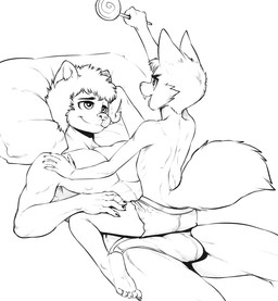 5_fingers 5_toes abs age_difference anthro back_groove bare_back bare_chest bottomwear bulge clothed clothing duo fangs feet fingers fur hand_on_chest hand_on_leg hand_on_thigh holding_object iris looking_at_another lying male on_back on_top open_mouth pillow pupils shorts shoulder_blades skimpy smaller_on_top soles straddling teeth toes topless underwear young young_anthro young_male eldiman dakka rokuke_shiba_(character) canid canine canis mammal mustelid otter wolf digital_drawing_(artwork) digital_media_(artwork) hi_res monochrome