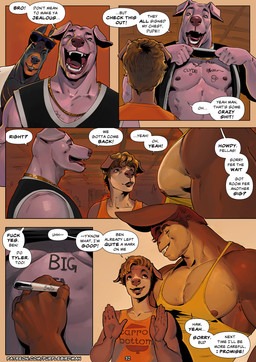 anthro bare_chest body_writing buckteeth clothed clothing clothing_lift clothing_pull dialogue femboy floppy_ears folded_ears group long_ears male marker muscular muscular_anthro muscular_male nipples pointy_ears prick_ears profanity shirt shirt_lift shirt_pull size_difference smile speech_bubble tank_top teeth text topwear topwear_pull writing_on_chest purplebirdman ben_(falcon_mccooper) tyler_(falcon_mccooper) canid canine canis domestic_dog lagomorph leporid mammal rabbit comic english_text