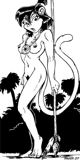 anthro breasts chest_tuft female forest fur hair jungle medallion melee_weapon navel nipples nude open_mouth plant polearm ponytail pubes simple_background small_breasts solo spear tree tuft weapon style_wager dungeons_and_dragons hasbro wizards_of_the_coast haplorhine mammal monkey primate vanara 2007 monochrome