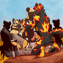 anal anal_penetration anthro athletic athletic_male black_body black_fur black_hair black_nose butt dagger day dry_grass facesitting facial_piercing fur grass group group_sex hair holding_feet inner_ear_fluff intraspecies kissing licking_tongue logo male male/male male_anthro melee_weapon neck_tuft nose_piercing nose_ring nude_male oral orgasm orgy outside penetration penile penises_touching piercing plant red_body red_fur rimming ring_piercing sex short_hair silhouette sitting_on_another sky spread_legs spreading surprised tail tan_body tan_fur text tuft weapon white_hair yellow_body yellow_eyes yellow_fur ventkazemaru african_wild_dog canid canine hyena mammal 1:1 2025 artist_logo artist_name dated hi_res
