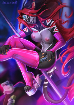 5_fingers anthro areola black_nose breasts duo female fingers hair nipples pole red_hair smile solo_focus kammi-lu domestic_cat felid feline felis mammal 2021 digital_media_(artwork)