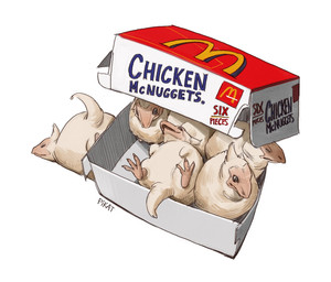 ambiguous_gender baby beak black_eyes box cardboard cardboard_box chicken_meat chicken_nugget claws container feathers feral food group head_crest meat round_body scales tail white_body white_feathers wings young pikat capcom mcdonald's monster_hunter bird_wyvern scalie seikret 2025 hi_res signature