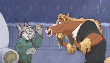 anthro ball blonde_hair brown_body brown_fur clothing duo fur grey_body grey_fur grin hair hooves male smile suit sweater teeth tongue topwear aar0njay disney the_emperor's_new_groove zootopia brian_winddancer pawbert_lynxley canada_lynx equid equine felid feline horse lynx mammal 7:4 hi_res