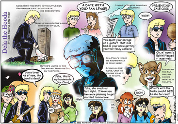 anthro black_hair blonde_hair breasts brown_body brown_fur brown_hair clothed clothed_female clothed_male clothing dialogue electric_guitar eyes_closed eyewear female fur glasses group guitar hair jewelry male musical_instrument necklace newspaper orange_body orange_fur orange_hair plucked_string_instrument string_instrument sunglasses text tongue tongue_out style_wager dela_the_hooda daphne_(dela_the_hooda) dela_aldershaw edith_picadelly jake_mcross jason_(dela_the_hooda) sue_chan_(dela_the_hooda) canid canine fox hooda human mammal mouse murid murine rodent 2002 character_request comic english_text