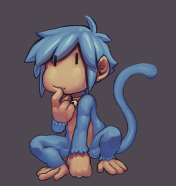 4_fingers 4_toes bell bell_collar blue_body blue_fur blue_hair brown_background collar feet fingers front_view fur hair male nude raised_tail simple_background solo tail tan_body tan_skin toes modeseven haplorhine mammal monkey primate 2014 low_res