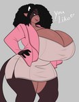 anthro big_breasts black_hair breasts cleavage clothed clothing dialogue dress female grey_background hair hair_over_eye huge_breasts lips_on_muzzle one_eye_obstructed simple_background solo text thick_thighs jwinkz summer_(jwinkz) bovid bovine cattle mammal 2022 english_text hi_res