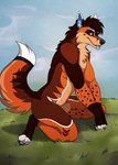 anthro blep claws fluffy fluffy_tail grass kneeling looking_at_viewer male outside plant smile solo tail tongue tongue_out annairu archie_(thearchiefox) canid canine fox mammal hi_res