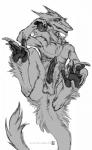 anthro anus balls claws erection fur genitals looking_at_viewer lying male nude on_back pawpads paws penis presenting solo tail lynxwolf2 mammal sergal 2019 hi_res monochrome sketch