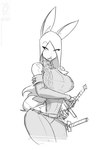 anthro clothed clothing drawing_sword female fully_clothed hair long_hair looking_at_viewer melee_weapon scabbard smile solo sword weapon conditional_dnp jollyjack battle_bunnies constance_(battle_bunnies) lagomorph leporid mammal rabbit 2024 greyscale monochrome