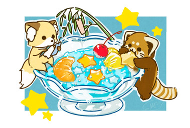 black_eyes black_nose brown_body chibi dot_eyes duo eating eating_food feral food fruit micro plant simple_eyes sitting tropical white_body shi_nominmin tanabata ailurid canid canine fox mammal red_panda 2023 hi_res