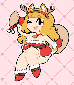 belt big_breasts black_eyes breasts cleavage clothed clothing dress eyelashes fake_antlers fake_horns female footwear gloves handwear holding_bag one_eye_closed open_mouth pink_background red_clothing red_dress red_footwear red_gloves red_handwear santa_dress simple_background smile solo thick_thighs wink onigiri_punch animal_humanoid canid canid_humanoid canine canine_humanoid dog_humanoid humanoid mammal mammal_humanoid hi_res