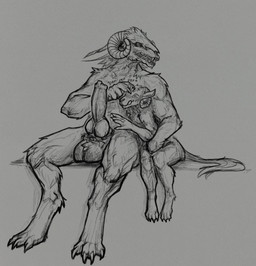 animal_genitalia animal_penis anthro ball_grab balls big_balls big_penis body_grab bone canine_genitalia canine_penis claws crotch_grab digitigrade duo erection finger_claws fur genitals grabbing_another grope handjob headpat hug knot knotted_penis licking licking_lips male male/male pawpads paws penile penis petting sex sheath size_difference skull skull_head teasing toe_claws tongue tongue_out kingowl bovid caprine caprine_demon demon goat goat_demon hybrid mammal skulldog_(species) hi_res monochrome