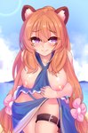 big_breasts blush breasts clothing female flower fur hair long_hair looking_at_viewer nipples plant solo kazukoto the_rising_of_the_shield_hero raphtalia animal_humanoid canid canid_humanoid canine canine_humanoid humanoid mammal mammal_humanoid tanuki_humanoid hi_res