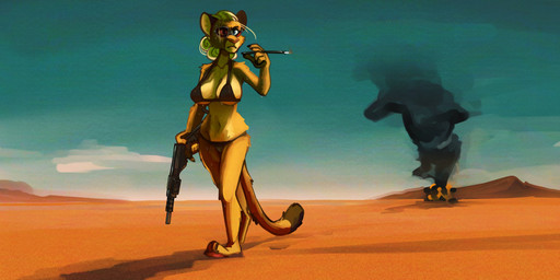 anthro arm_tuft bikini black_bikini black_clothing black_smoke black_swimwear blonde_hair blue_eyes bodily_fluids breasts broken_glasses broken_sunglasses cigarette cigarette_holder claws clothing cloud desert eyewear feet female finger_claws fire fur glasses gun hair hindpaw holding_cigarette holding_gun holding_object holding_ranged_weapon holding_weapon looking_aside navel paws ponytail ranged_weapon sagging_breasts shadow shoulder_tuft sky smoke solo sten_gun sunglasses sweat swimwear tail tan_body tan_fur trigger_discipline tuft two-piece_swimsuit waist_tuft walking weapon peppertoasty rosanna_(beatleboy62) cougar felid feline mammal 2024 absurd_res digital_media_(artwork) digital_painting_(artwork) hi_res painting_(artwork)