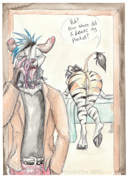 anthro black_hair blue_hair bodily_fluids butt clothed clothing clothing_theft cum cum_inside dialogue female fur genital_fluids genitals hair hooves male male/female nude panties smelling_underwear smile stealing tail text underwear vulva brushfire kalus zoey_(brushfire) american_opossum equid equine horse hybrid mammal marsupial virginia_opossum zebra zebroid zonkey absurd_res hi_res