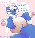 2021 anthro blue_body blue_fur bodily_fluids bottomwear clothing dialogue diaper dreamyart ears_down embarrassed english_text feces fur generation_6_pokemon green_eyes hi_res lying male meowstic messy_diaper nintendo on_back open_mouth pawpads pink_background pink_pawpads pink_tongue pivoted_ears pokemon pokemon_(species) pooping simple_background soiled_diaper soiling soiling_diaper solo speech_bubble star stripes tail tears text tongue underwear watermark white_paws white_stripes