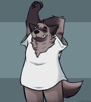 anthro biped black_nose clothing eyes_closed shirt solo stretching topwear orbitpaws password_(visual_novel) dave_(password) hyena mammal striped_hyena 2021 hi_res