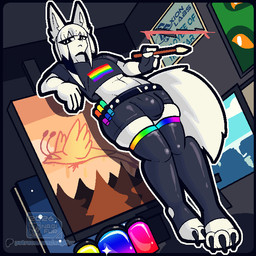 anthro bottomwear claws clothed clothing crop_top dialogue femboy first_person_view fur hair legwear looking_at_viewer lore male painting_(object) rainbow rebel shirt solo tail text thick_thighs thigh_highs topwear white_body white_fur nagifur canvas_(nagifur) arctic_fox canid canine fox mammal true_fox invalid_color animated digital_media_(artwork) story story_in_description
