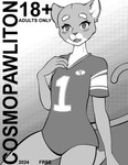 ambiguous_gender anime_eyes anime_style anonymous_artist anthro black_and_white blush blush_lines clothing college_student cosmo_(byu) cover eyebrows felid feline fictional_magazine_cover hi_res jersey kneeling looking_at_viewer magazine magazine_cover male_(lore) mammal mascot monochrome simple_background smile solo