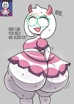 anthro big_butt butt clothing digging_into_butt dress eyewear floppy_ears glasses horn huge_butt looking_back male question_mark solo text thick_thighs white_body wide_hips furu_flami deltarune undertale_(series) ralsei bovid caprine darkner goat mammal english_text hi_res