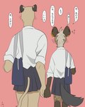 anthro bottomwear clothed clothing duo ear_piercing ear_ring female female/female hair hand_holding japanese piercing ring_piercing school_uniform simple_background skirt text uniform riseidokokana felid hyena lion mammal pantherine 4:5 digital_media_(artwork) japanese_text translated