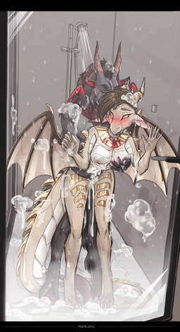 accessory areola big_breasts blush bodily_fluids breasts butt cum duo eyewear female fur genital_fluids glasses hair hair_accessory hoovies horn male nipples nude paws penetration penile sex shower shy smile spikes tail thick_thighs wet white_body wings narikusha mythology torqua_(zapilidver) dragon mammal mythological_creature mythological_scalie scalie digital_media_(artwork) hi_res