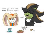 beverage black_body black_nose bow_tie clothing container cookie cup dialogue disgust dress duo eyes_closed female food green_face humor long_ears male orange_body ribbons simple_background spitting tan_body tea tea_cup text tongue tongue_out tuft white_background white_body molochtdl sega sonic_the_hedgehog_(series) cream_the_rabbit shadow_the_hedgehog eulipotyphlan hedgehog lagomorph leporid mammal rabbit 2021 english_text