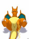 blue_eyes bodily_fluids claws female female_peeing feral genital_fluids genitals orange_body peeing peeing_on_viewer pussy solo urine urine_stream watersports white_claws yellow_body dishka nintendo pokemon charizard generation_1_pokemon pokemon_(species) hi_res