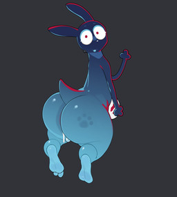 anthro balls big_butt black_body blue_body bodily_fluids butt butt_slap cum cum_drip dripping egg feet genital_fluids genitals male neon outline red_outline slap small_balls solo unknown_artist rain_world videocult inv_(rain_world) slugcat absurd_res hi_res