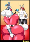 anthro big_breasts big_butt blue_body bottomwear breasts butt clothing duo female glistening glistening_bottomwear glistening_clothing glistening_shorts hair huge_breasts huge_butt male male/female red_hair shorts thick_thighs tight_bottomwear tight_clothing tight_shorts white_body white_hair al_gx nintendo pokemon hazby_o'neil laufey_(bunbun_maria) azumarill cinderace generation_2_pokemon generation_8_pokemon pokemon_(species) comic hi_res