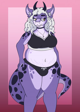 anthro belly border bra breasts bulge clothing cross fur gradient_background gynomorph hair hand_on_hip horn inner_ear_fluff intersex inverted_cross jewelry long_hair looking_aside markings navel necklace overweight overweight_gynomorph overweight_intersex panties pink_background purple_body purple_fur purple_inner_ear red_border simple_background solo sports_bra spots spotted_body spotted_fur standing stretch_marks thick_thighs tuft underwear white_hair white_inner_ear_fluff yellow_eyes darckart mythology emriss_(darckart) dragon mythological_creature mythological_scalie scalie 2025 digital_drawing_(artwork) digital_media_(artwork) english_description hi_res trans_(lore) trans_woman_(lore)