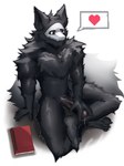 anthro athletic black_body black_fur bodily_fluids bone book fluffy fluffy_tail fur genital_fluids genitals hand_on_penis male mask penis precum sitting skull skull_mask solo tail text toned_male scrumptiouscoal changed_(video_game) puro_(changed) canid canine canis goo_creature mammal 3:4 digital_drawing_(artwork) digital_media_(artwork) hi_res