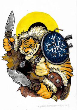 anthro arrow_(weapon) fangs frown male ranged_weapon shield snowflake solo stripes teeth warrior weapon tuskforce felid mammal pantherine tiger hi_res